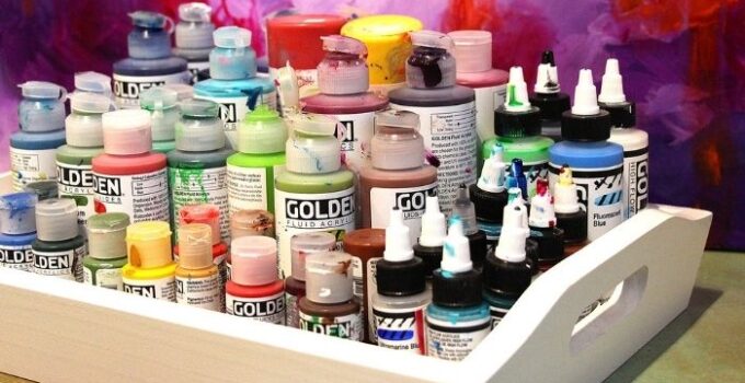 acrylic paint collection in a tray